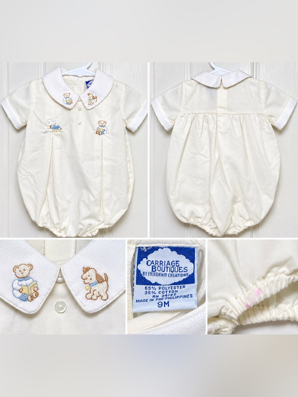 Vintage Carriage Boutiques Baby Boy Bubble Romper 9M Embroidered Teddy Bear